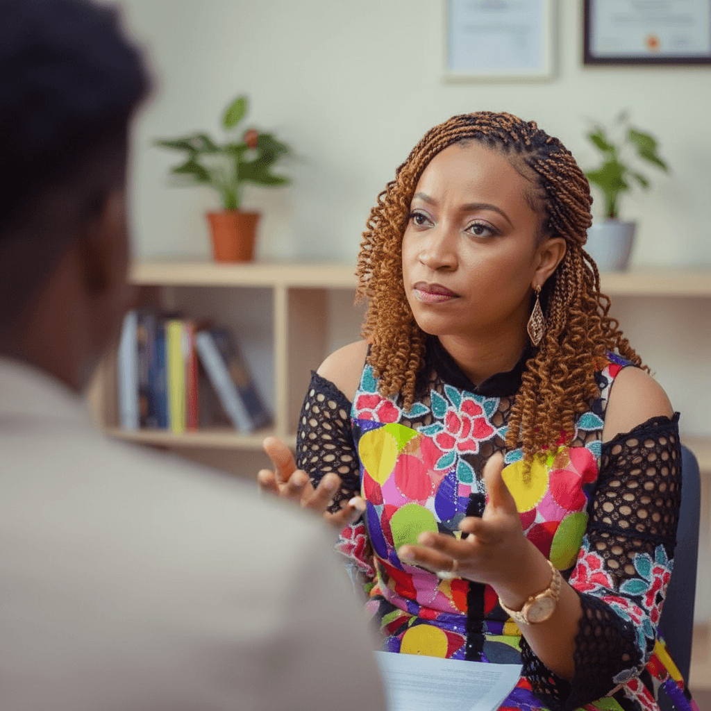 Sandra Opara speaking at a counselling event